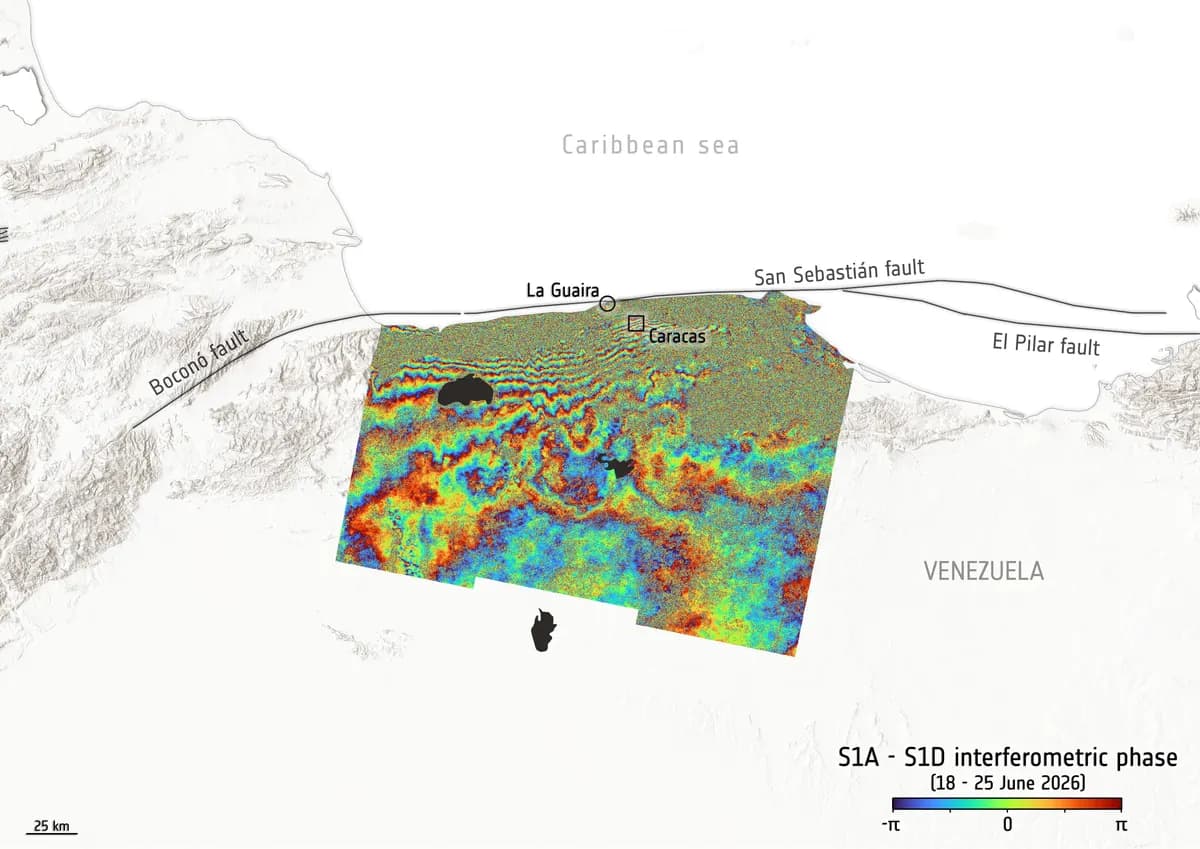 Sentinel-1 satellite interferogram over north-central Venezuela: rainbow-coloured fringes tightly packed between La Guaira and Caracas, next to the San Sebastián fault, spreading apart to the south. The Boconó, San Sebastián and El Pilar faults are labelled.