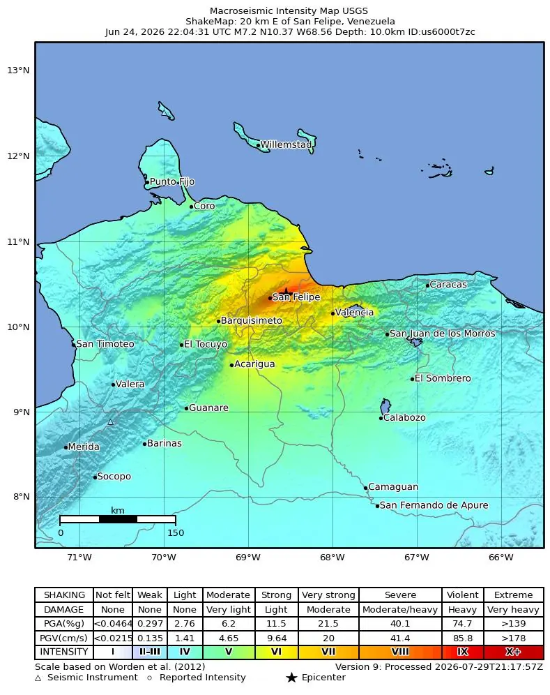 USGS intensity map of the magnitude 7.2 quake. The red and orange zone surrounds San Felipe (Yaracuy); a yellow patch spreads toward Barquisimeto, Acarigua and Valencia; further out, greens and light blues.