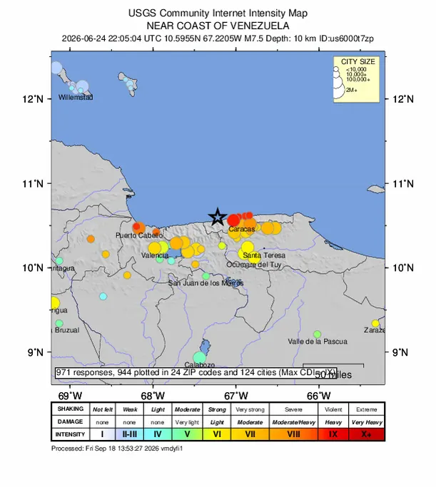 USGS “Did You Feel It?” map with coloured circles over the cities that sent responses: red and orange in Caracas and La Guaira, yellow in Valencia, Maracay and Puerto Cabello, green and light blue further south.