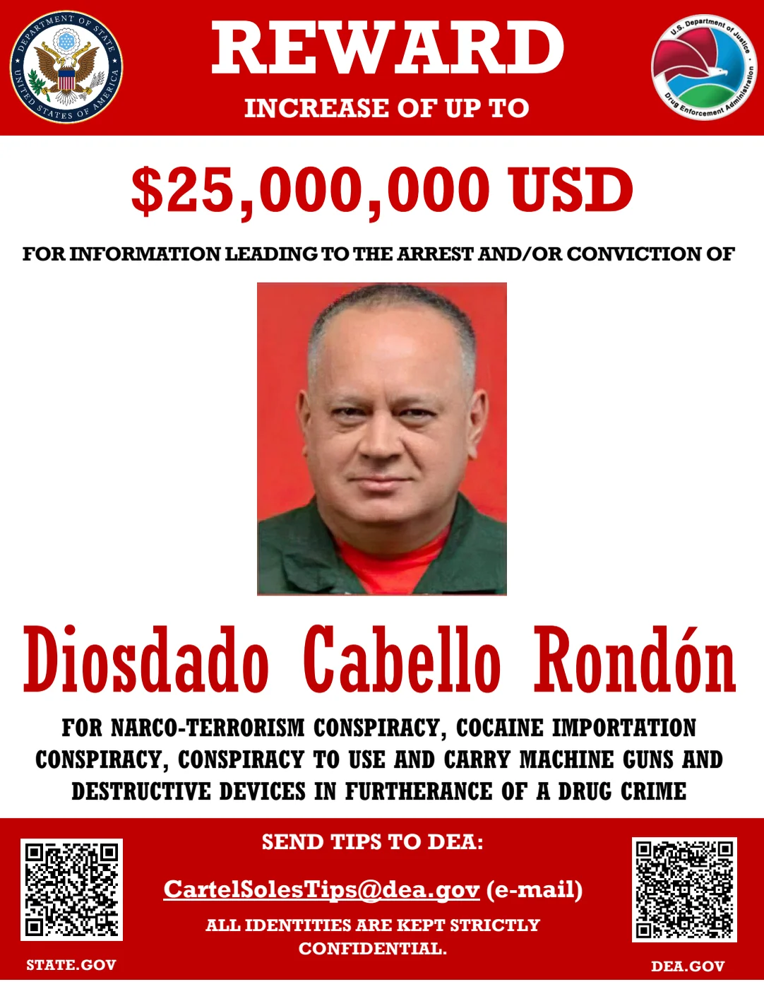 Official English-language poster from the State Department and the DEA: reward increase of up to US$25 million for information leading to the arrest or conviction of Diosdado Cabello Rondón.