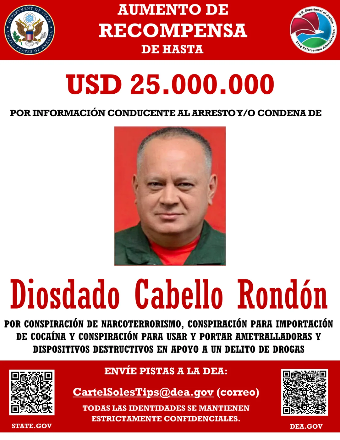 Cartel oficial en español del Departamento de Estado y la DEA: aumento de recompensa de hasta 25 millones de dólares por información conducente al arresto o condena de Diosdado Cabello Rondón.