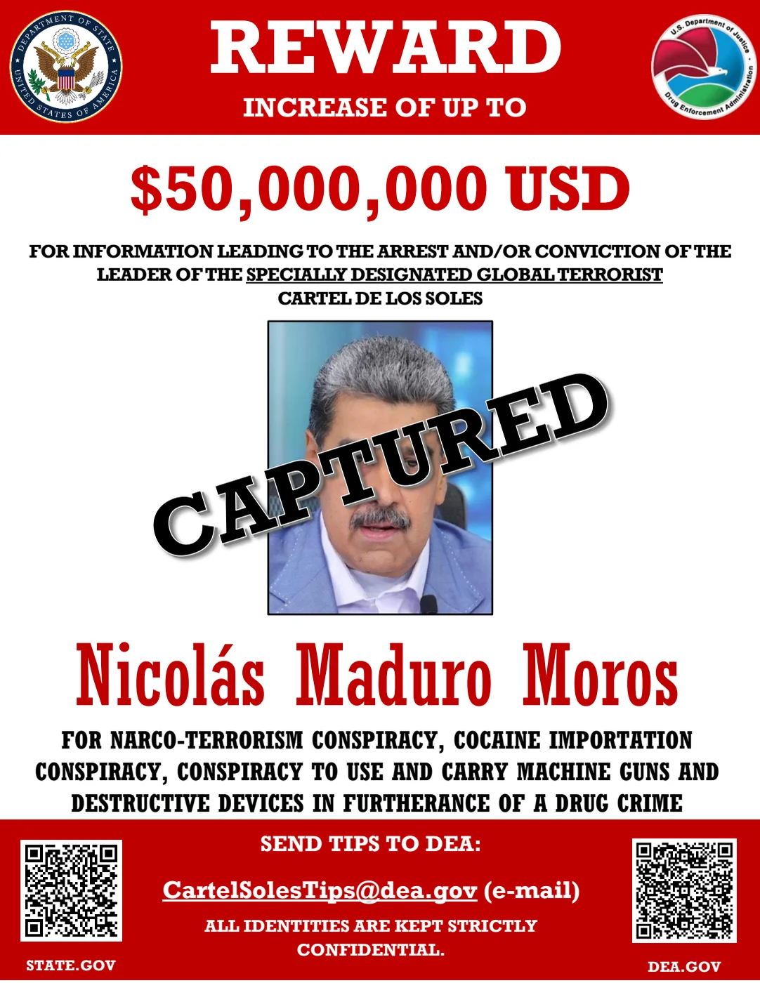 Official English-language poster from the State Department and the DEA: reward increase of up to US$50 million for Nicolás Maduro Moros, with the word CAPTURED over his photo.