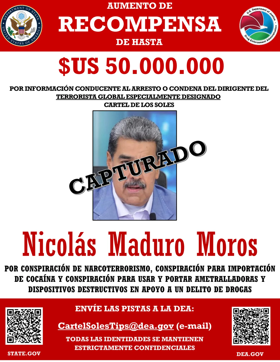 Cartel oficial en español del Departamento de Estado y la DEA: aumento de recompensa de hasta 50 millones de dólares por Nicolás Maduro Moros, con la palabra CAPTURADO sobre su foto.