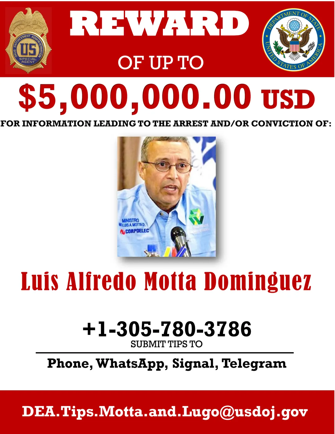Official English-language poster from the State Department and the DEA: reward of up to US$5 million for information leading to the arrest or conviction of Luis Alfredo Motta Dominguez.