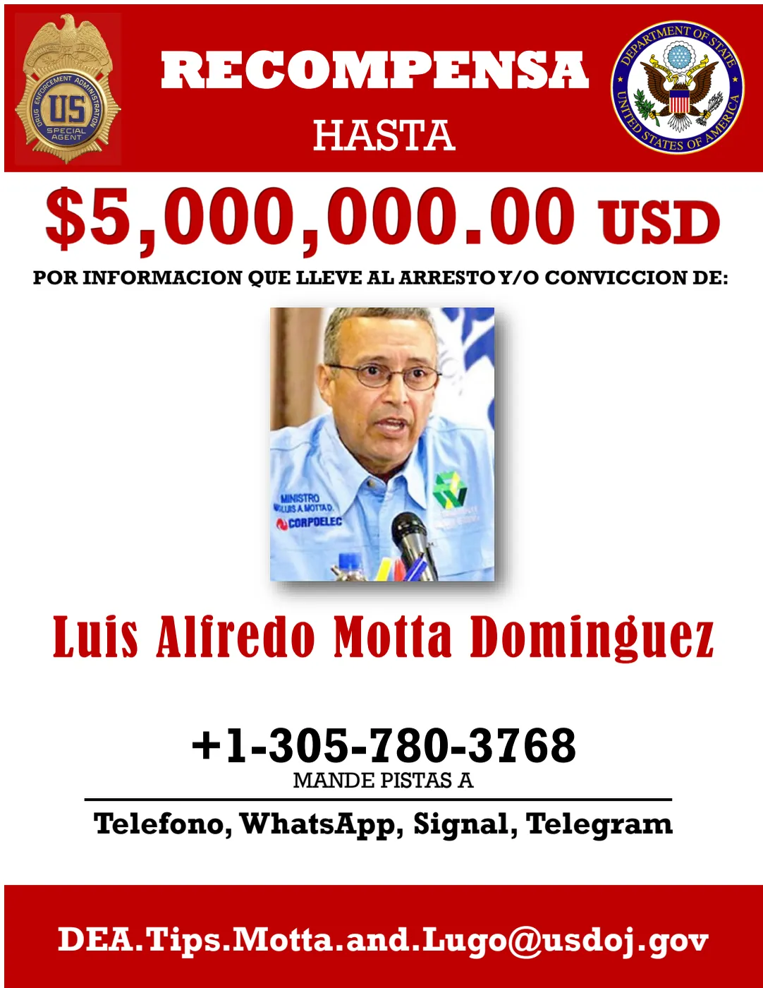 Cartel oficial en español del Departamento de Estado y la DEA: recompensa de hasta 5 millones de dólares por información que lleve al arresto o condena de Luis Alfredo Motta Dominguez.